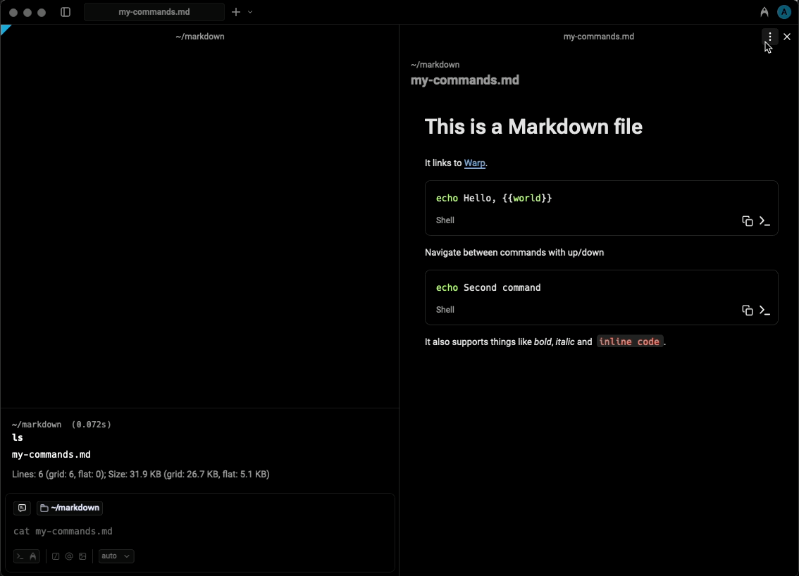 Clicking a Markdown file link in the output of ls to open it in Warp
